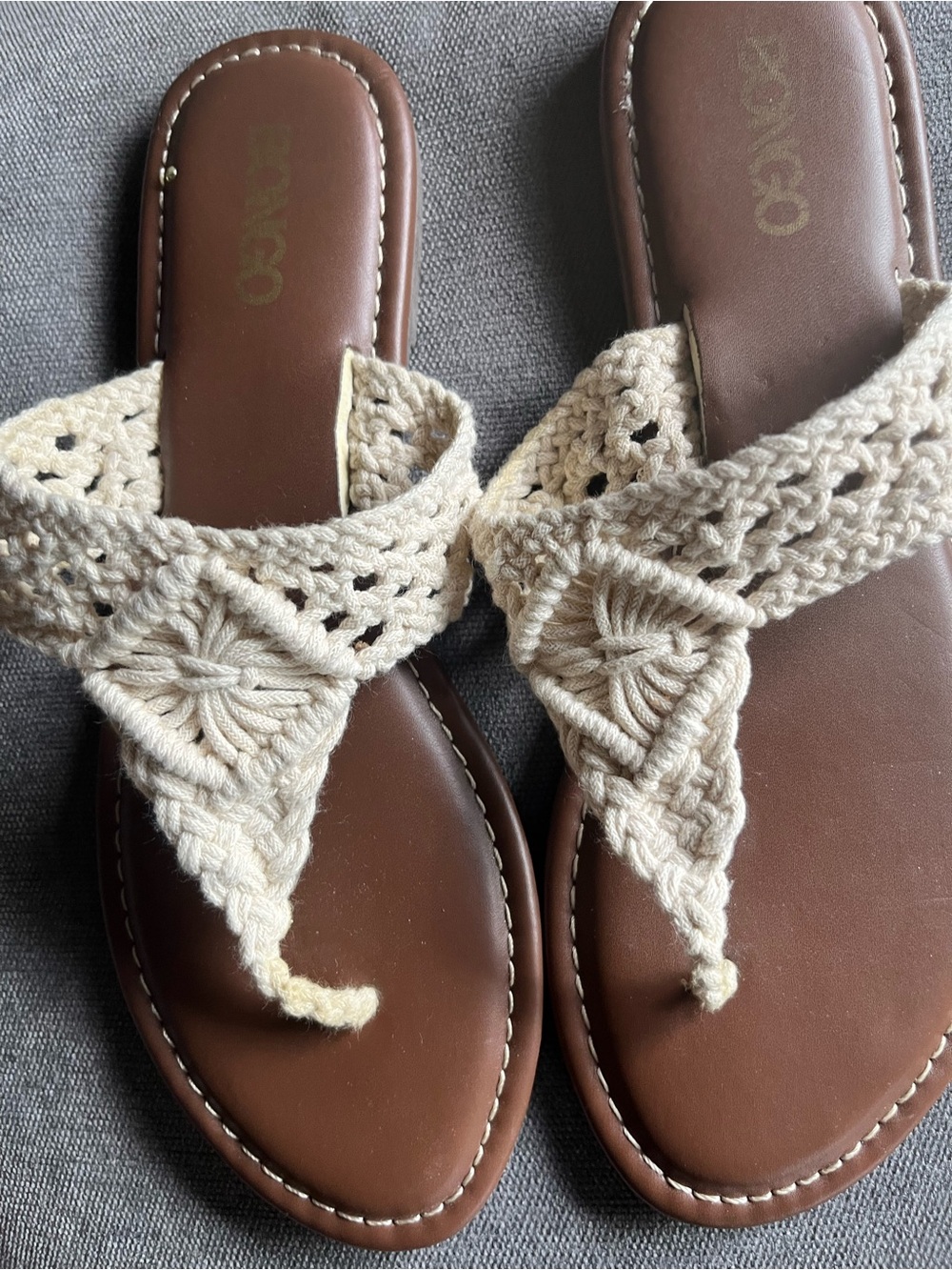 Women’s Crochet Toe-Post Sandals — Cream/Brown - Picture 3 of 4